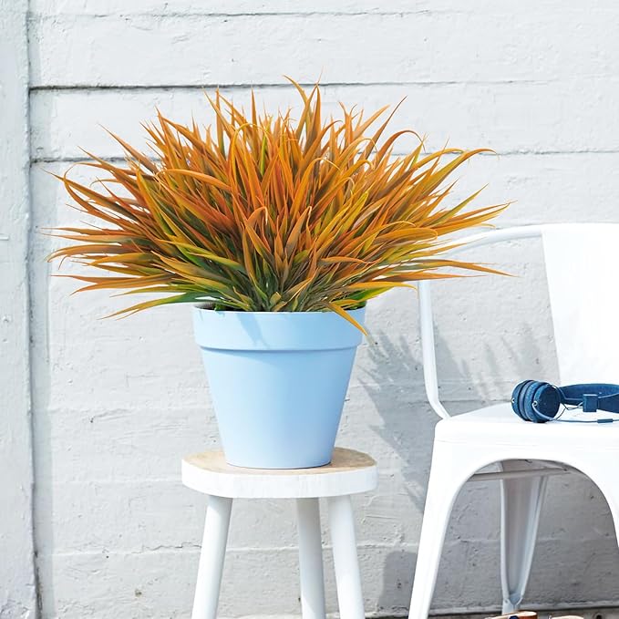 Uieke 28 Bundles Artificial Outdoor Plants UV Resistant Fake Grass Plants Faux Plastic Plants Greenery Shrubs for Home Garden Pathway Window Box Front Porch Cemetery Fall Decor, Autumn Orange