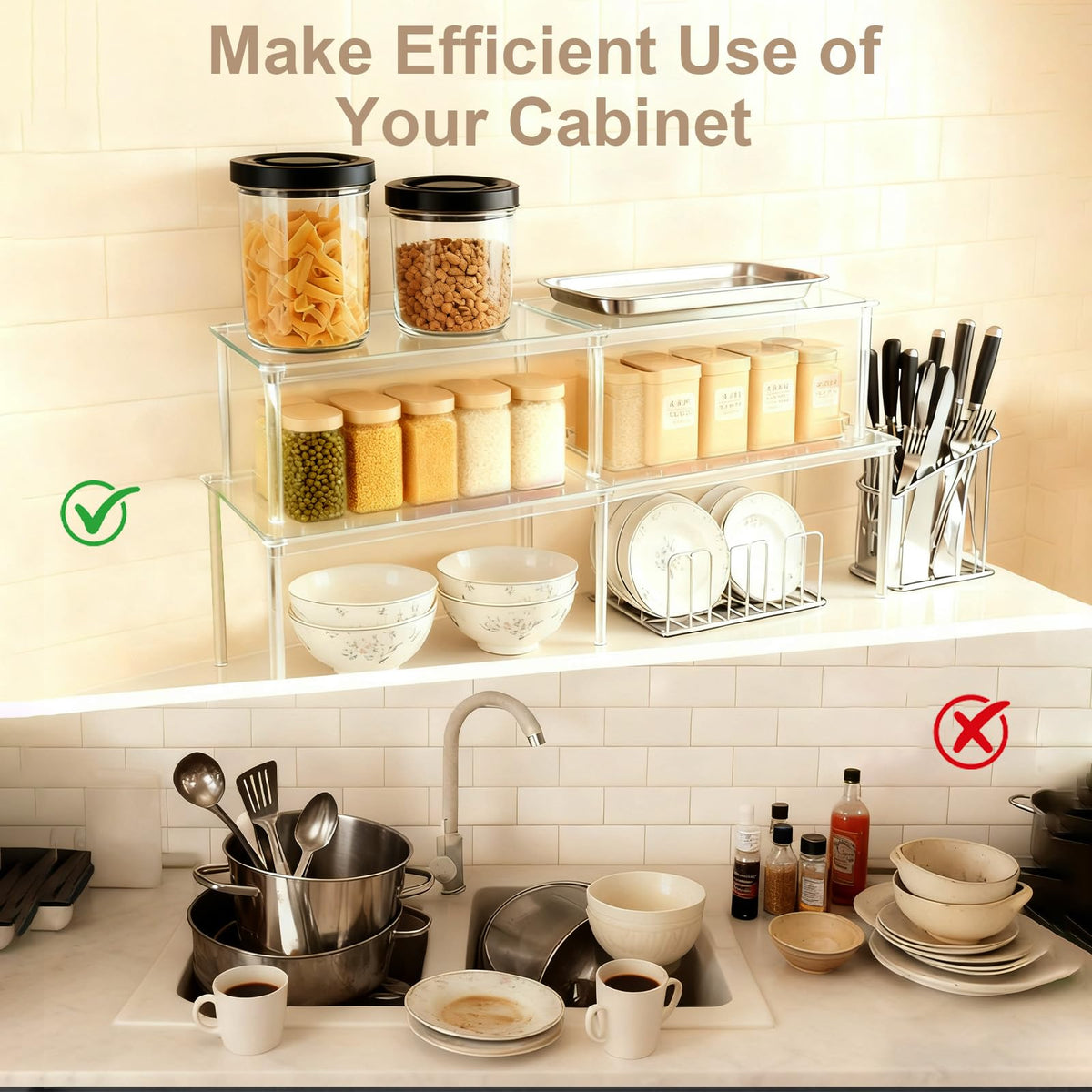 Clear Kitchen Cabinet Organizer, Set of 4 Acrylic Shelves, Spice Rack for Pantry Organizers and Storage, Tiered Spice Organization for Cabinet, Stackable Cabinet Organizer Shelf for Desk Countertop