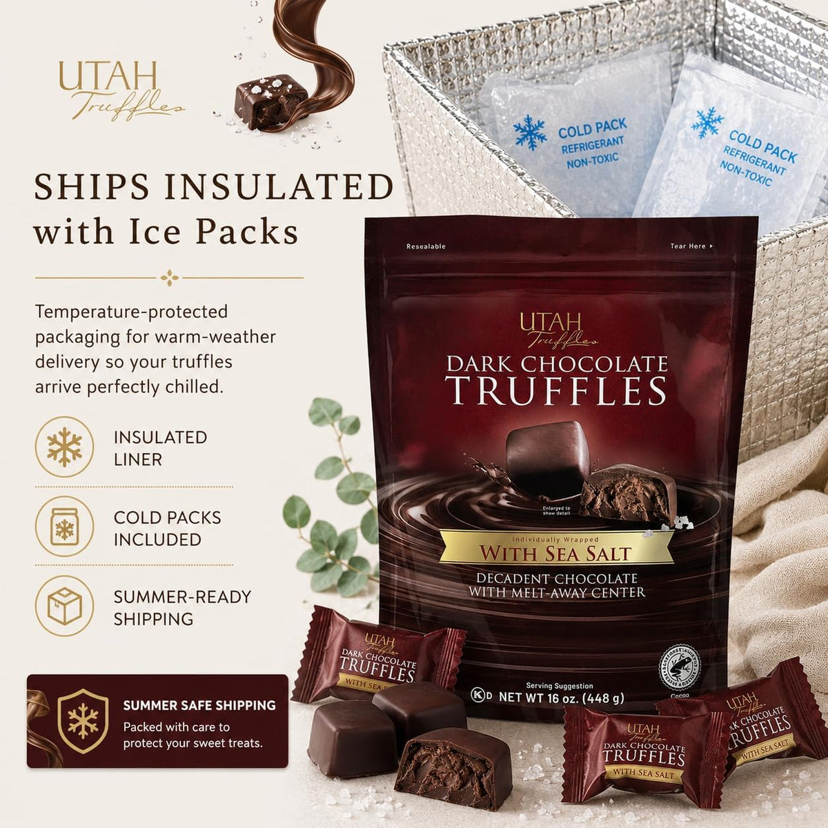 Utah Truffles Sea Salt Dark Chocolate Individually Wrapped Pouch, Naturally Gluten Free, Gourmet Smooth Creamy Natural Truffle, 16 oz (1 Pound (Pack