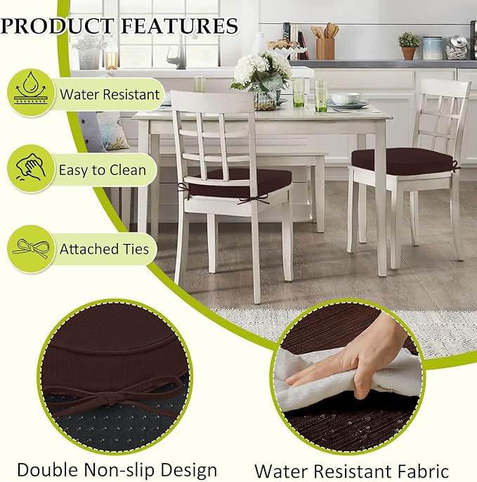 Chair Cushions for Dining Chairs, Indoor Chair Cushions with Ties，Waterproof Chair Pads Set of 6, Brown, 17x16x2.5 Inch