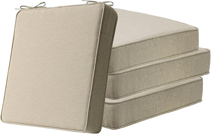 Square Corner Seat Cushions, 19" x 19" x 3", Set of 4, Indoor Outdoor Water Repellent Universal Chair Pads with Ties for Patio Furniture, Garden Deck Dining Chairs, Tan