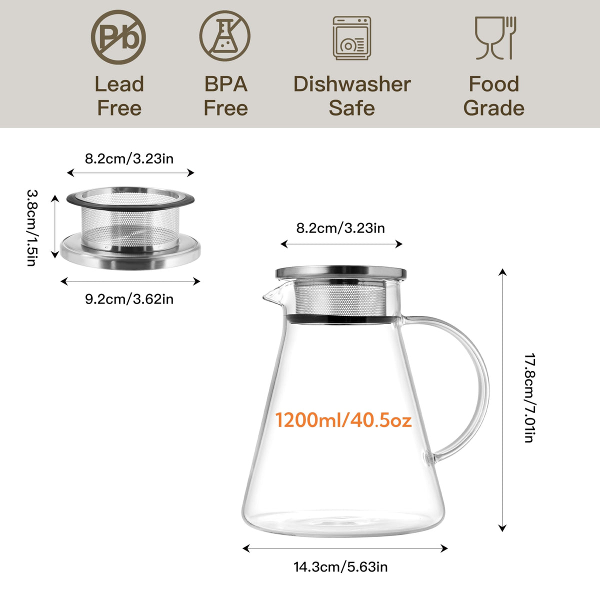 CNGLASS 40oz/1200ml Glass Teapot Stovetop Safe,One-Touch Clear Tea Kettle,Blooming and Loose Leaf Tea Maker