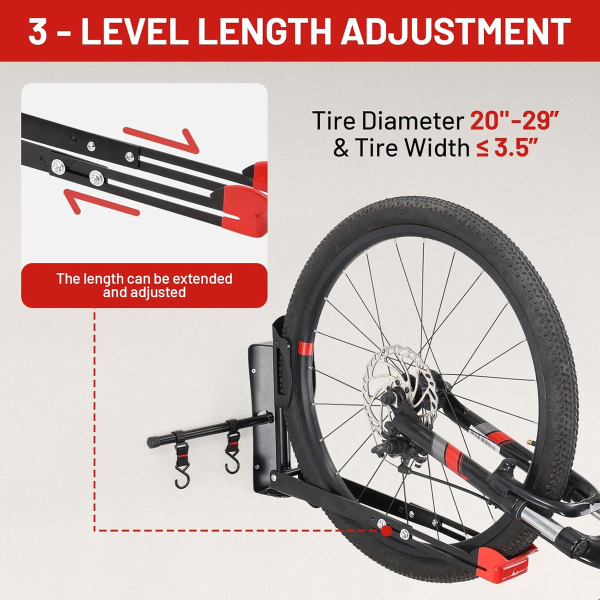 Bike Wall Mount Rack Adjustable & Foldable Garage Bike Rack with Swivel Design & 2 Storage Hooks, Fits 20"-29" Bikes, Holds Up to 77 lbs, Easy Install & Space-Saving Bike Storage 1 Pack