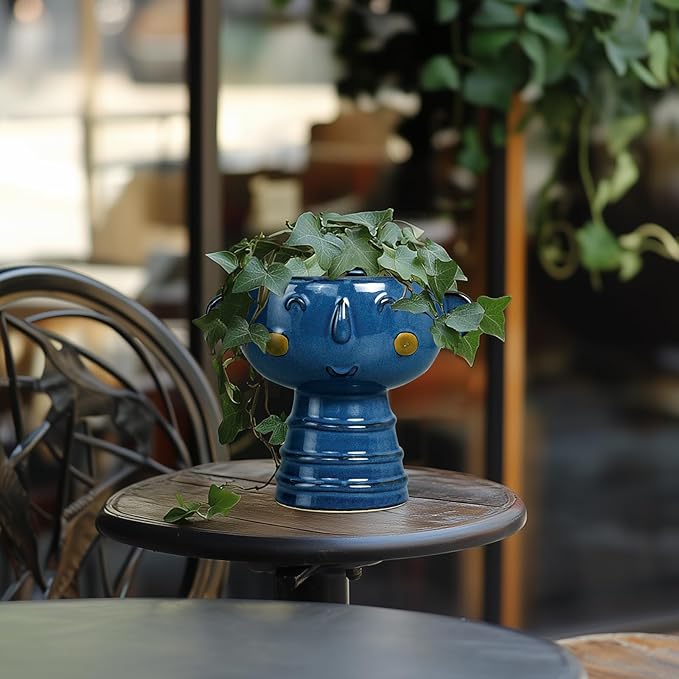 Face Planter Pot Head 7 Inch - Cute Ceramic Head Planter for Indoor Outdoor Plants Unique Flower Pot with Drainage Hole Gift Ideas for Christmas Blue