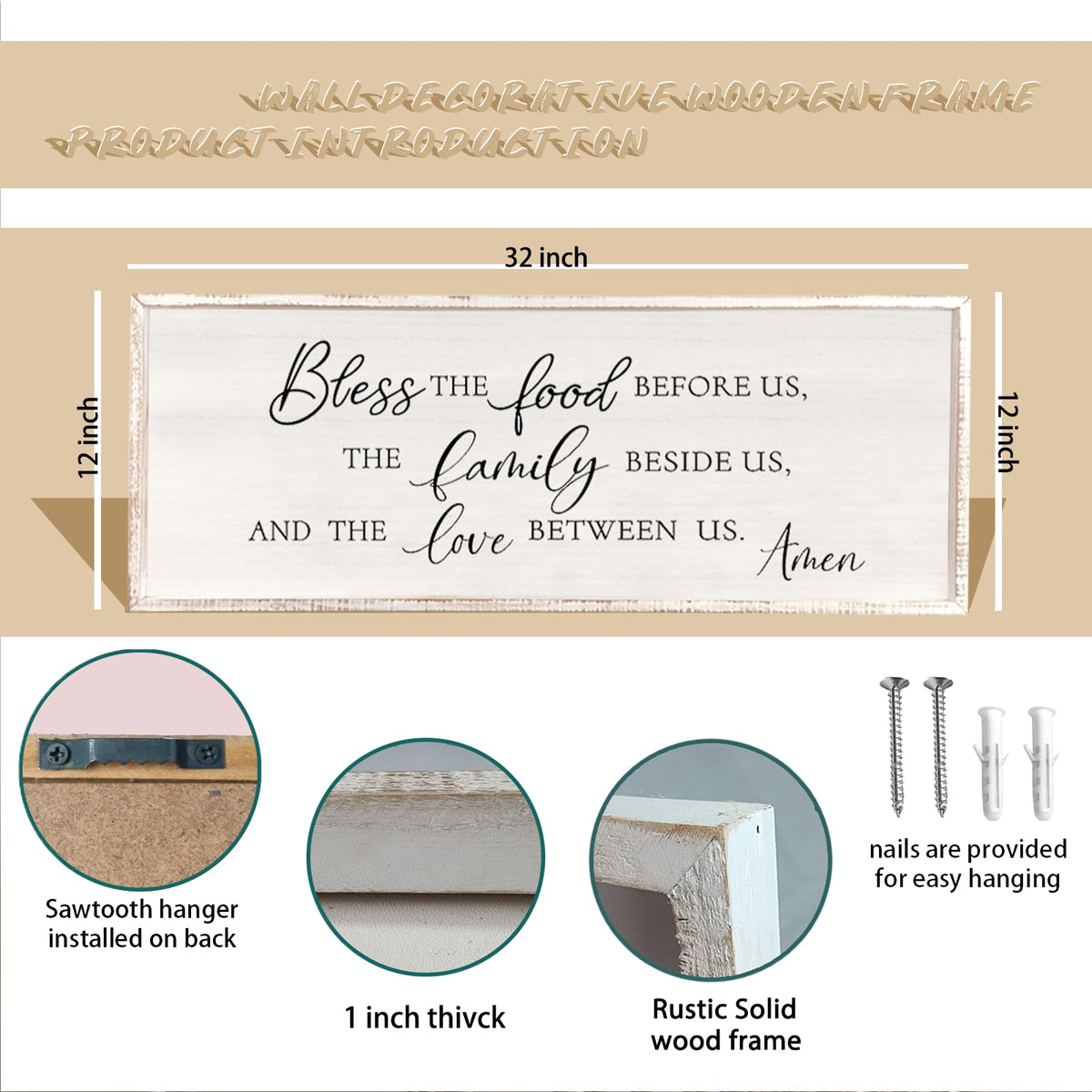 comurdyo Bless the Food Before Us Wall Decor Sign 32" X 12", White