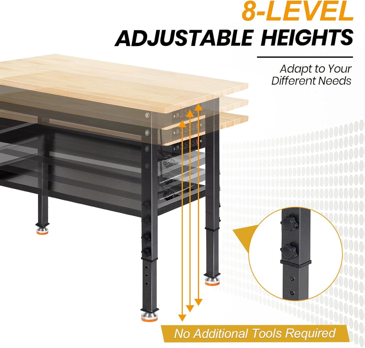 48"/60'' Adjustable Workbench, Rubber Wood Top Work Bench Heavy-Duty Work Table w/Power Outlet, Partition,2000 LBS Load Capacity Work Benches for Garage, Workshop, Home, Office, Easy Assembly