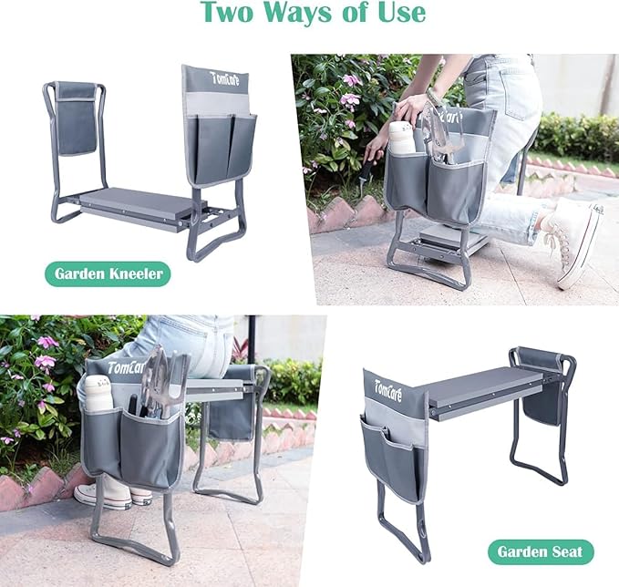 TomCare Garden Kneeler Seat Garden Bench Garden Stools Foldable Stool with Tool Bag Pouch EVA Foam Pad Outdoor Portable Kneeler Christmas Gardening Gifts for Women Men,Large 21.65"x10.62"x18.89",Grey