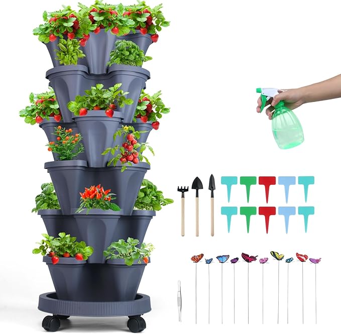 Vertical Planter, 6 Tier Stackable Strawberry Planter with Garden Tool Set, Movable Indoor/Outdoor Garden Herb Pot for Growing Vegetables and Succulents, Dark Gray
