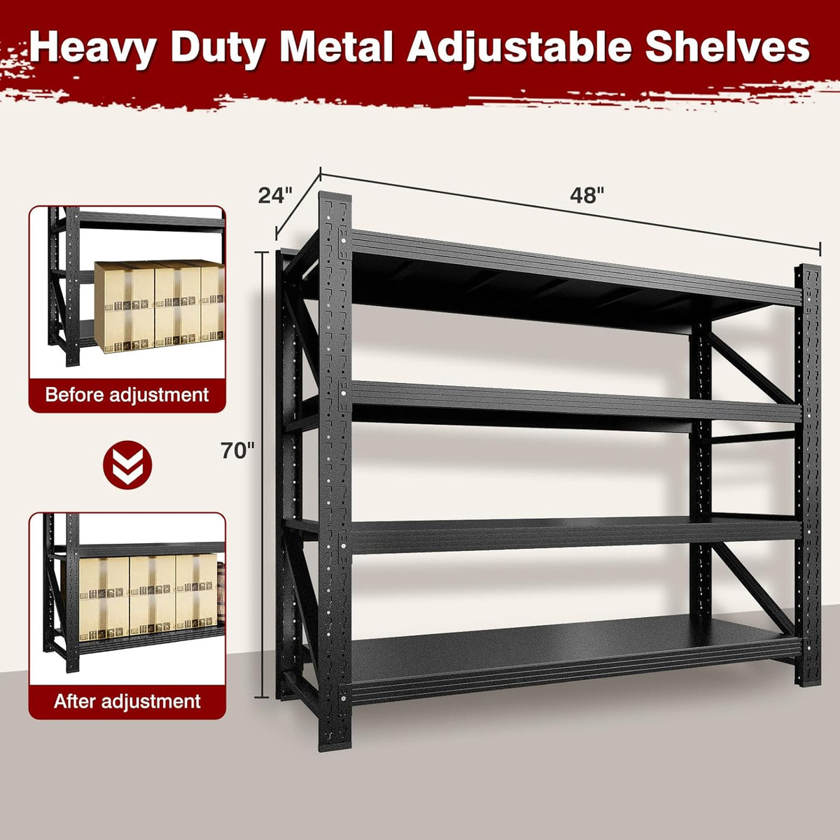3000LBS Metal Steel Storage Shelves - 48" W Black 4 Tier Heavy Duty Rack Commercial Industrial Shelving with Adjustable Shelf for Basement Garage Warehouse Supermarket - 48" W x 24" D x 70" H