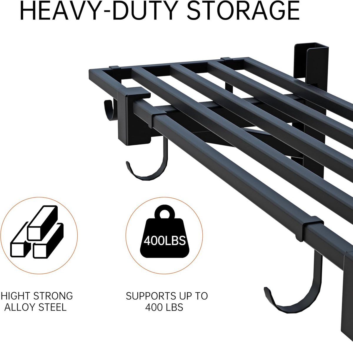 1-Pack Garage Wall Shelving,Heavy Duty Garage Storage Shelves, Wall Mounted Storage Shelving with 6 Hooks, 250LB Capacity, Black