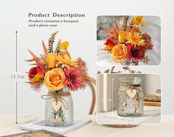 Artificial Flowers with Vase, Faux Silk Flowers Arrangement in Vase, Rustic Home Office Decorations, Farmhouse Dining Table Decor, Coffee Table Centerpiece, Fall Table Plant Decor