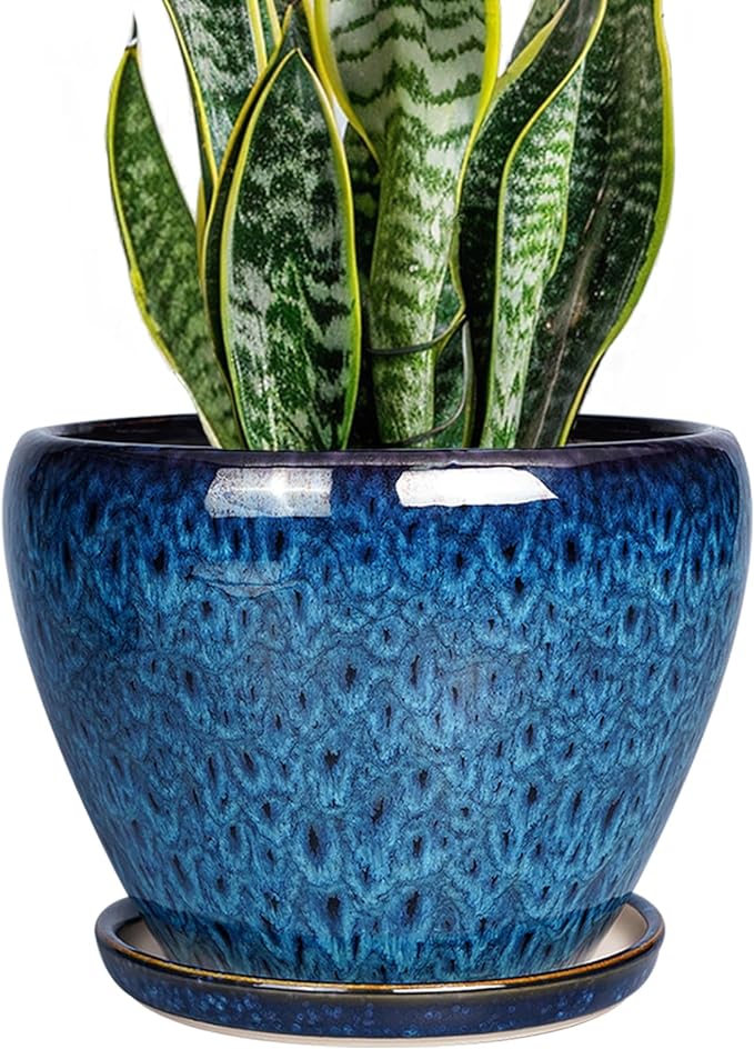 8 Inch Ceramic Plant Pot, Ceramic Planter Pot for Indoor Outdoor Plants, Round Flower Pot with Drainage Hole and Saucer, Blue