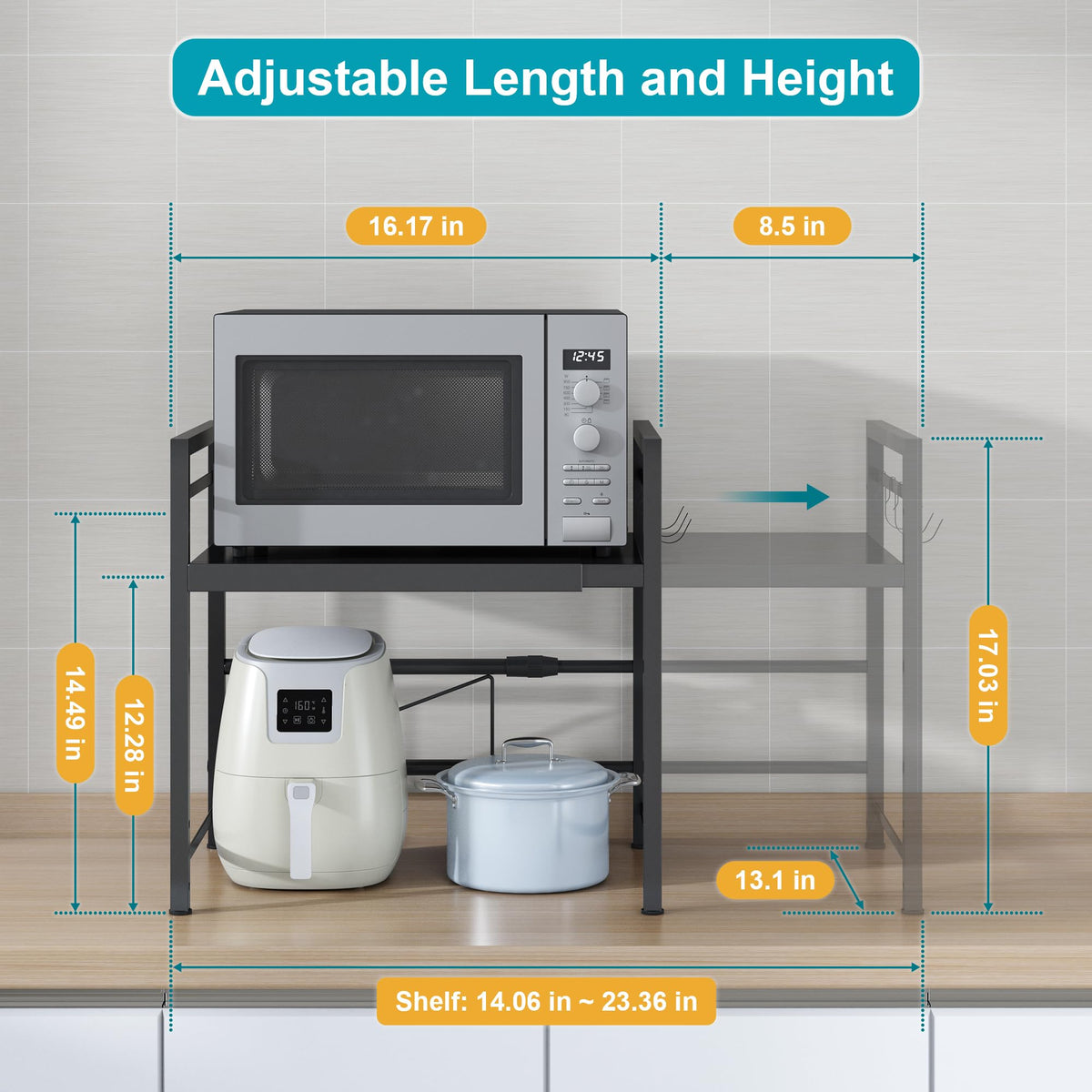 DOLALIKE Microwave Oven Rack, Expandable Microwave Stand Countertop Kitchen Utensils Tableware Storage, Carbon Steel Over Microwave Shelf Countertop with 3 Hooks
