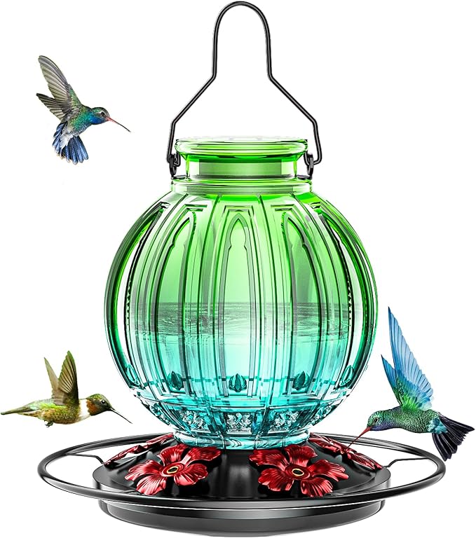 Glass Hummingbird Feeder for Outdoors Hanging, Bird Nectar Feeder with Perch & 5 Flower Feeding Ports, 26 Oz Leak Proof for Outside Garden Decor Backyard, Gifts for Women Mom, Green & Blue