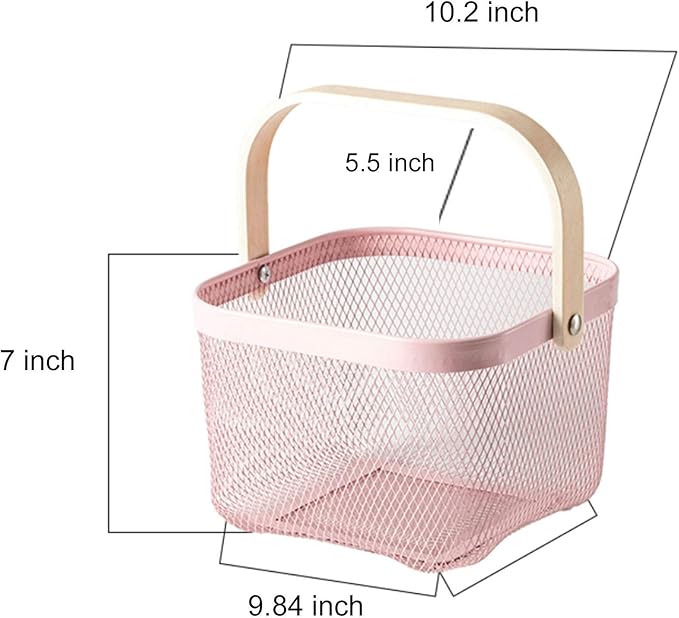 Metal Mesh Steel Basket, Storage Organizer Basket Multi-functional Hanging Kitchen Baskets Fruit Basket Bin with Bamboo Handle for Kitchen Bathroom Picnic Shopping Decor Cabinet Home, Pink
