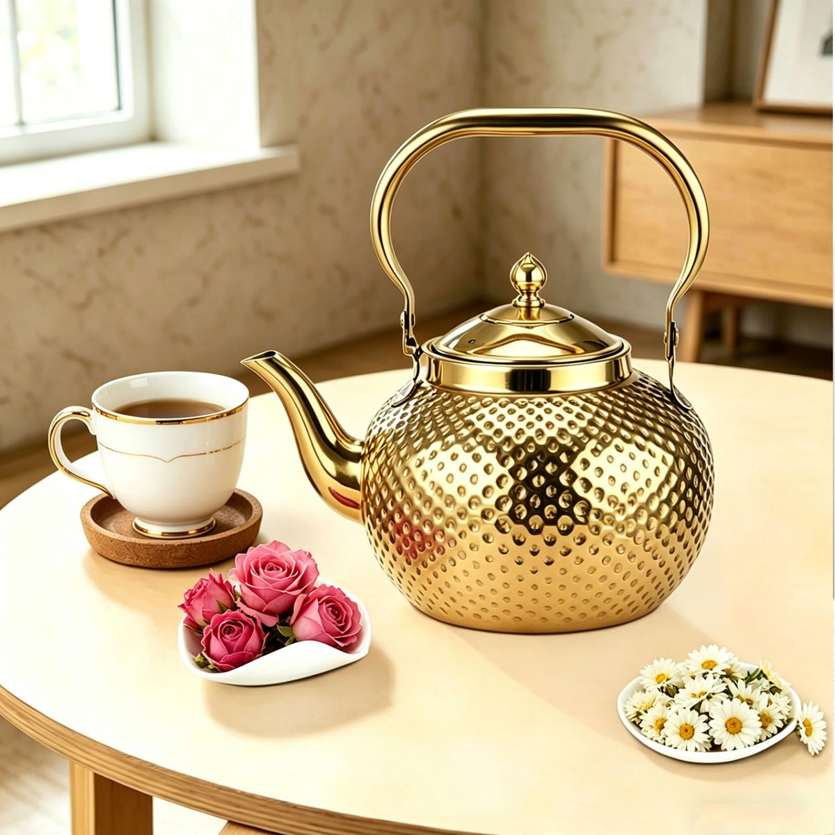 2L/67.6oz Gold Tea Kettle, Hammered Stovetop Teapot with Removable Fine Mesh Infuser, Stainless Steel Rust-proof Vintage Water Boiler for Induction/Gas, Home Office Camping Gift