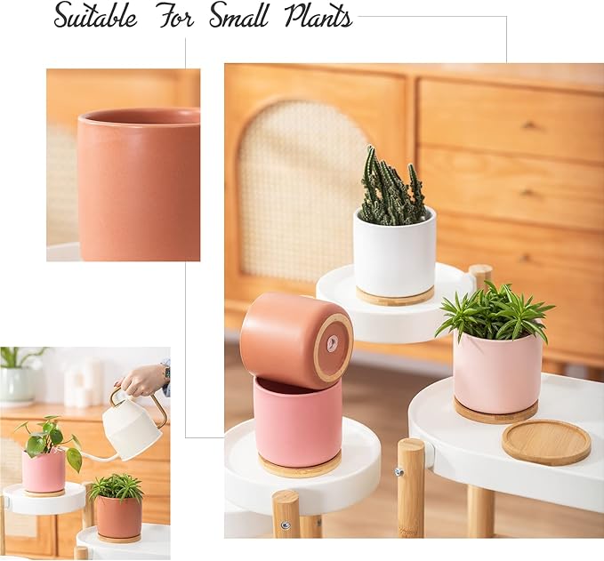 OMAYKEY 4 Inch Ceramic Plant Pot with Saucer, Multicolor Planters Pots with Drainage Hole and Mesh Pads for Succulent, Indoor Flowers, Snake Plants, Cactus, Herbs, Set of 4 (Plant Not Included)