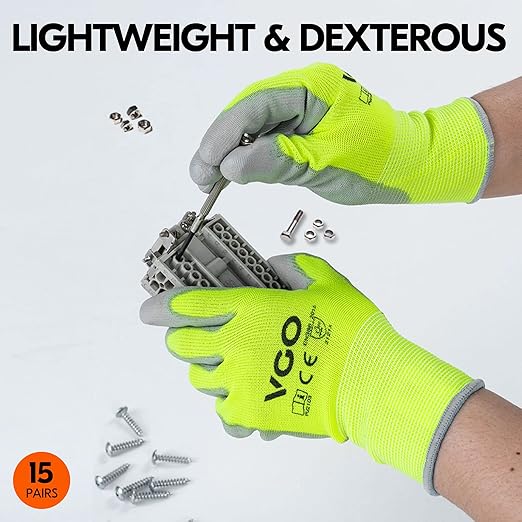 Vgo... 15-Pairs Safety Work Gloves, Gardening Gloves, Polyurethane Coated, Dipping Gloves, Latex Free (Size XL, Yellow, PU2103)