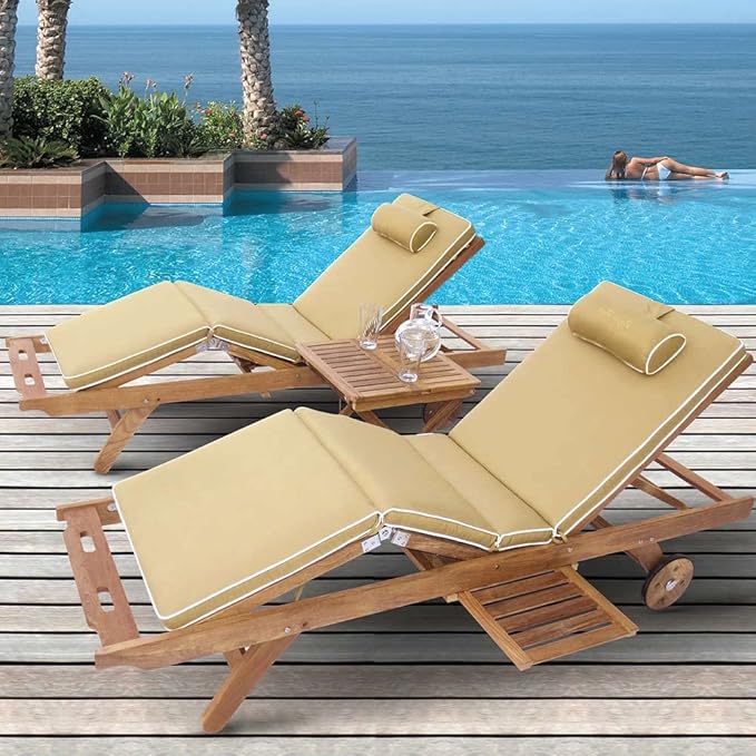 3-Piece Teak Patio Conversation Set with Sun Bed Loungers & 20-Inch Square Folding Picnic Table (P143NA), Navy Sun Bed Cushions