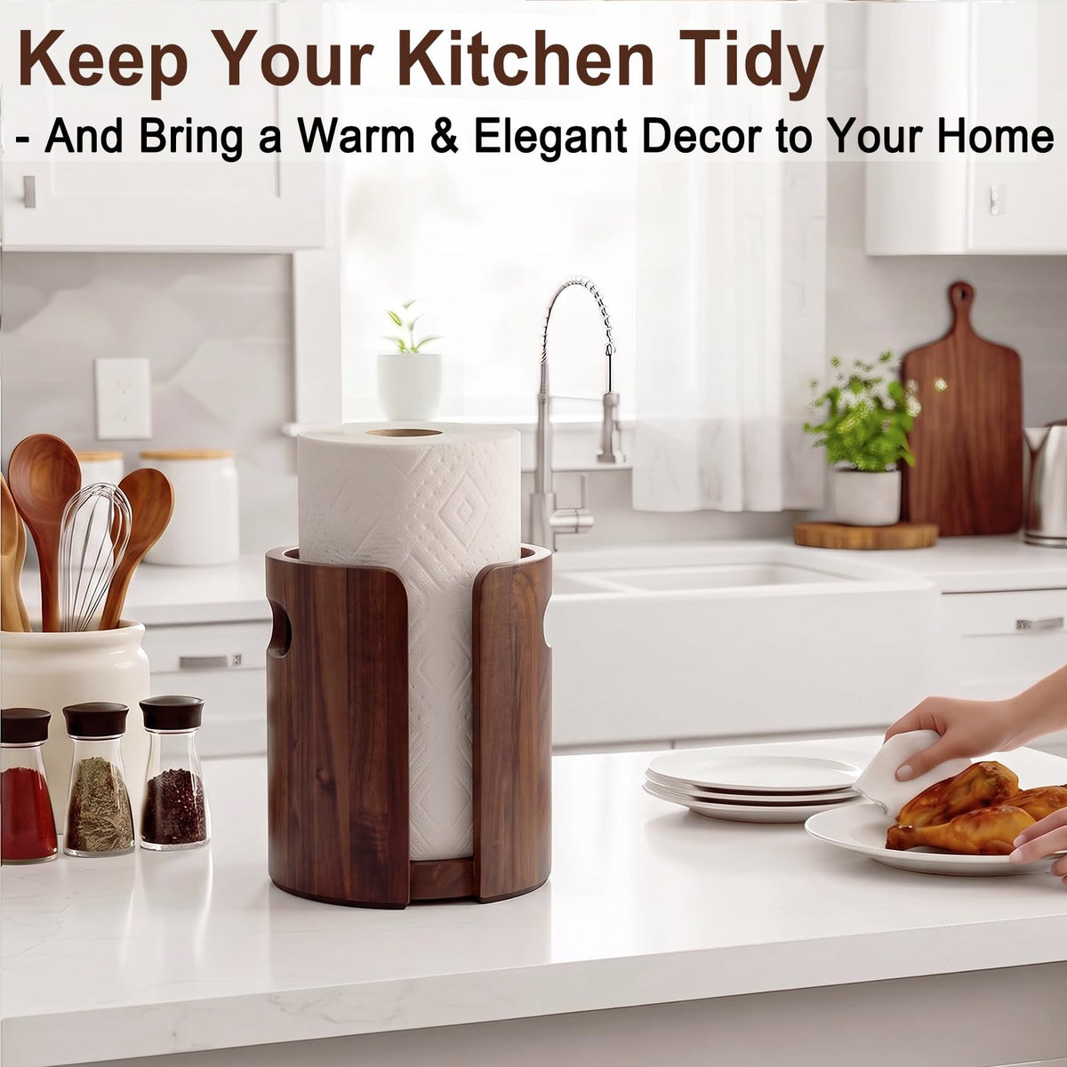 Acacia Wood Paper Towel Holder for Countertop with Splash Guard & Handles