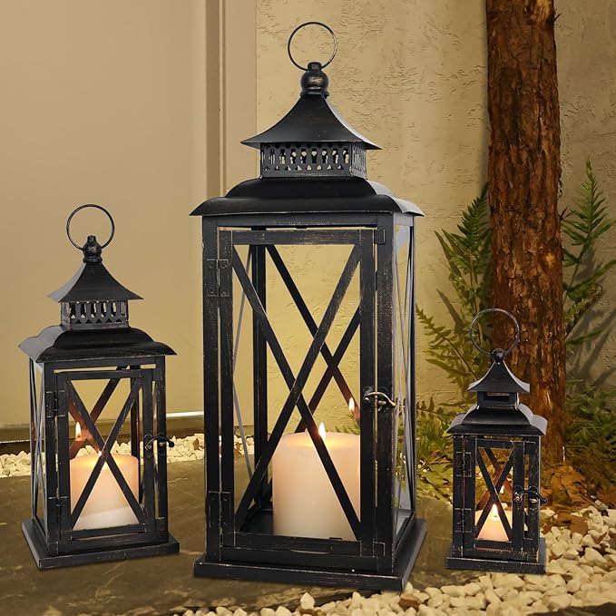 DECORKEY 3PCS (20’’&13’’&9’’) Lanterns Decorative Indoor & Outdoor, Vintage Metal Frame Candle Holders for Front Porch, Patio, Pathway, Balcony, Garden, Yard Decor, Halloween Christmas Decorations