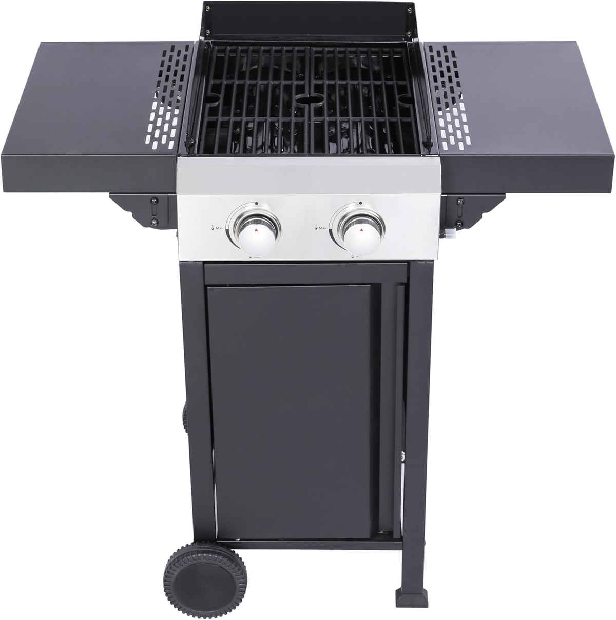 2-Burner Propane Gas BBQ Grill with Pizza Box, 24,600 BTU Output, Wire Enamel Grids, Foldable Side Table and Hanging Basket, Stainless Steel Patio Grill