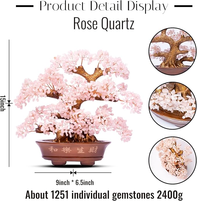 Natural Rose Quartz Tree Large,14" Chakra Crystal Tree(1,251 Gemstone Count) w/Lucky Coins Chain Healing Properties - Bonsai Feng Shui Money Tree for Love Self Care Home Office Decoration