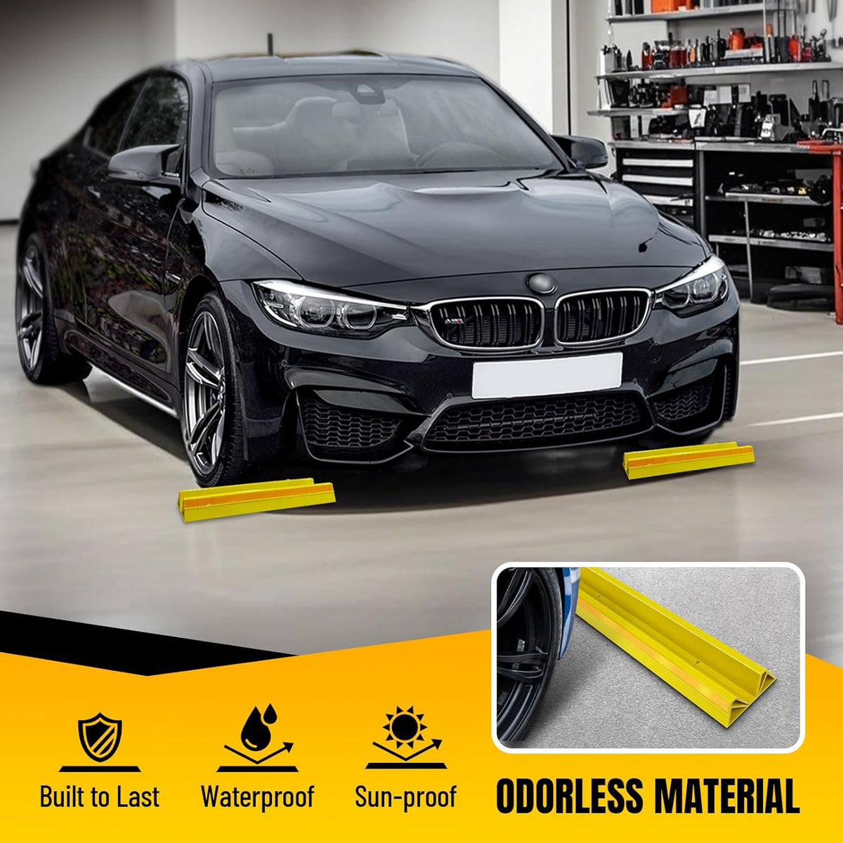 2 Pcs 18'' Parking Car Wheel Stopper for Garage with 2 Installation Methods, Heavy Duty Tire Stops with Reflective Tapes, Car Parking Aids for Garage, Yellow
