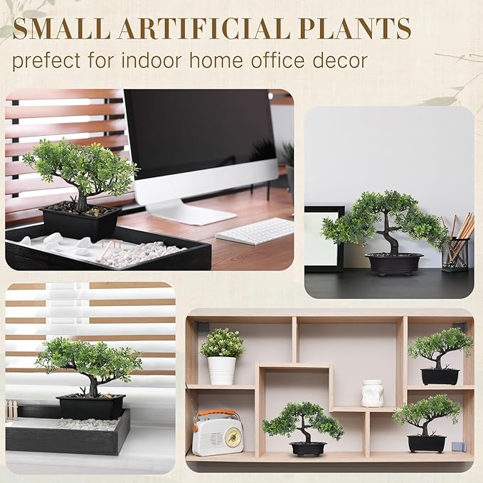 Jexine 4 Pack Artificial Bonsai Tree, Indoor Small Fake Plants in Pots for Home Table Office Desk Bathroom Shelf Bookshelf Bedroom Living Room Farmhouse Decorations