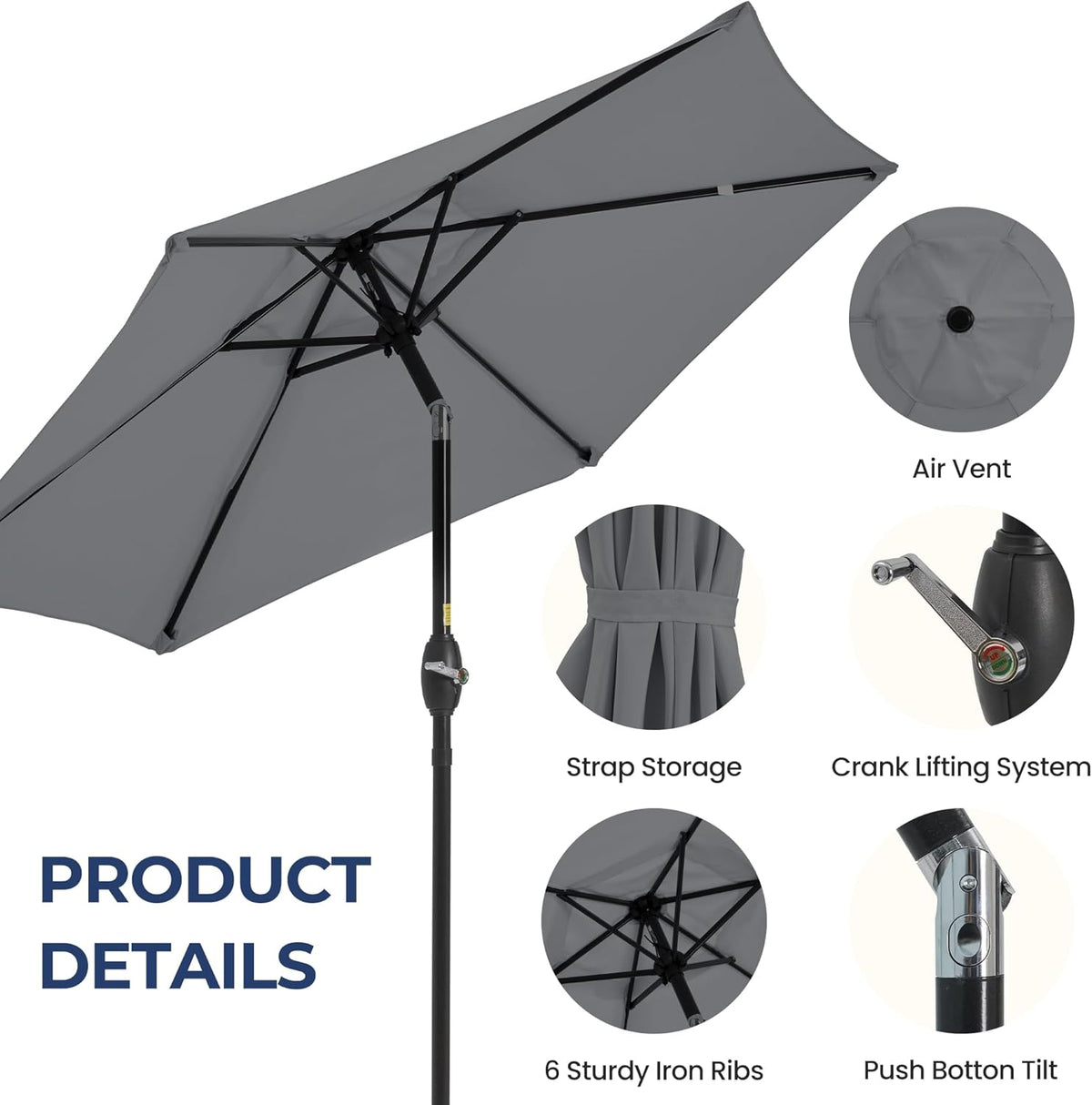 Aok Garden 7.5 ft Patio Umbrella Outdoor Market Umbrella Tilt Button and Crank 6 Ribs for Deck Lawn Pool& Backyard
