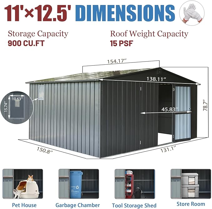 Domi Backyard Storage Shed 11’ x 12.5’ with Galvanized Steel Frame & Windows, Outdoor Garden Shed Metal Utility Tool Storage Room with Lockable Door for Patio(Dark Gray)