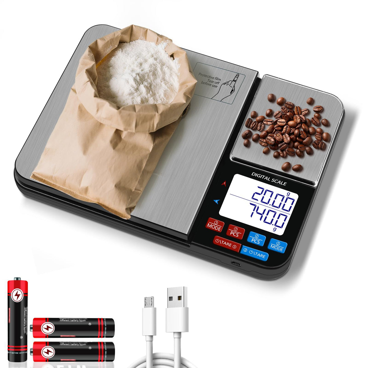 Dual Platform Digital Kitchen Scale, USB Rechargeable, 11lbs/5kg with 0.1g Precision & 500g with 0.01g Precision, with Tare & Accumulation, for Baking, Cooking, Jewelry, and Weight Loss