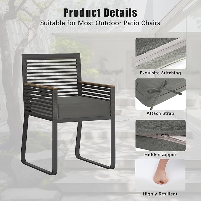 Favoyard Outdoor Chair Cushion 19 x 19 x 3 Inch Rainproof & 3-Year Fade Resistant Patio Furniture Cushions with Removable Cover and Adjustable Ties for Garden Sofa Couch Pads Set of 2, Dark Gray