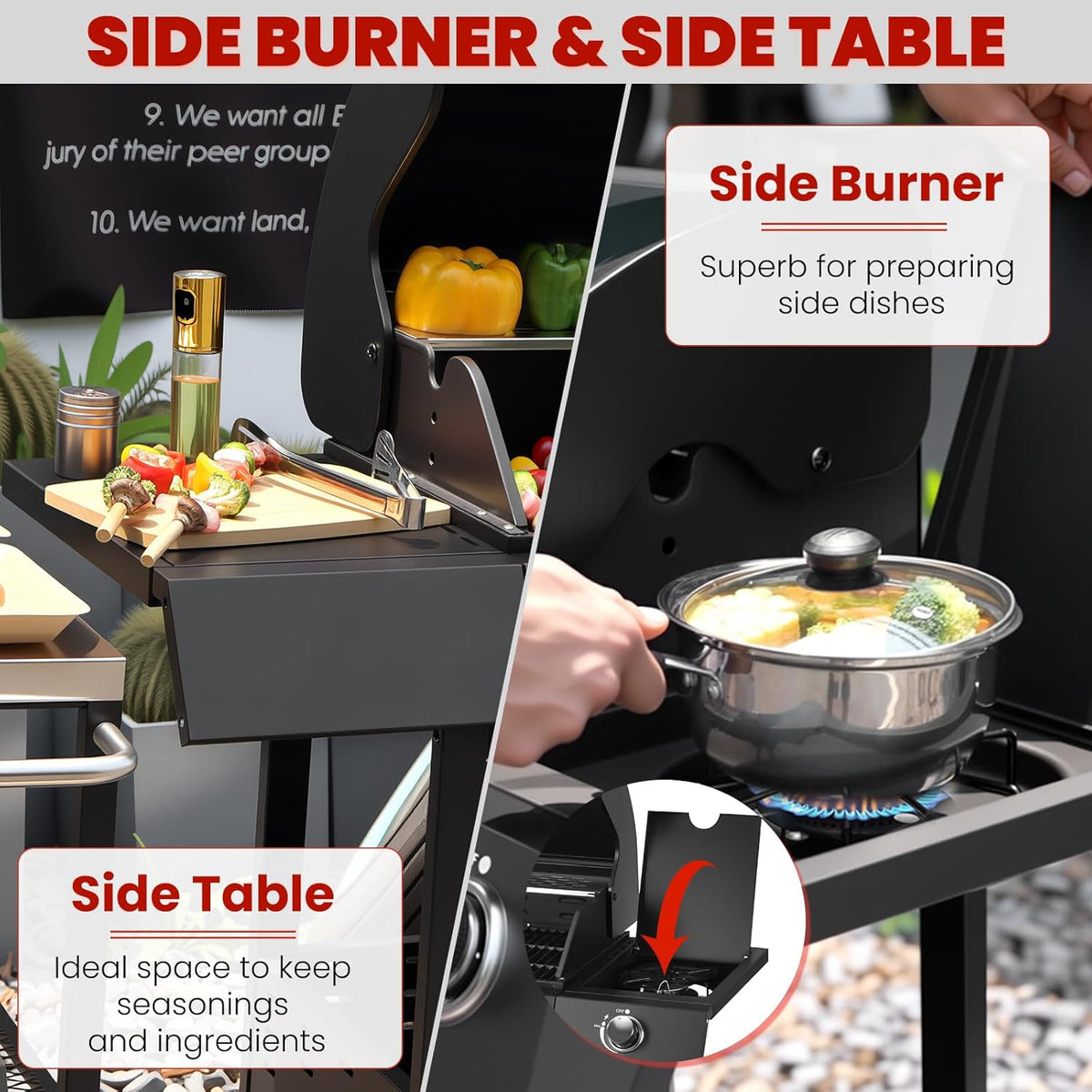 Q042-3-Burner w/Side Burner Gas Grill with 241 SQ.IN. Outdoor Grill with 36,000 BTU,Propane Grills with Top Cover Lid,Grills Outdoor Cooking for Patios,Balcony,Camping,Garden