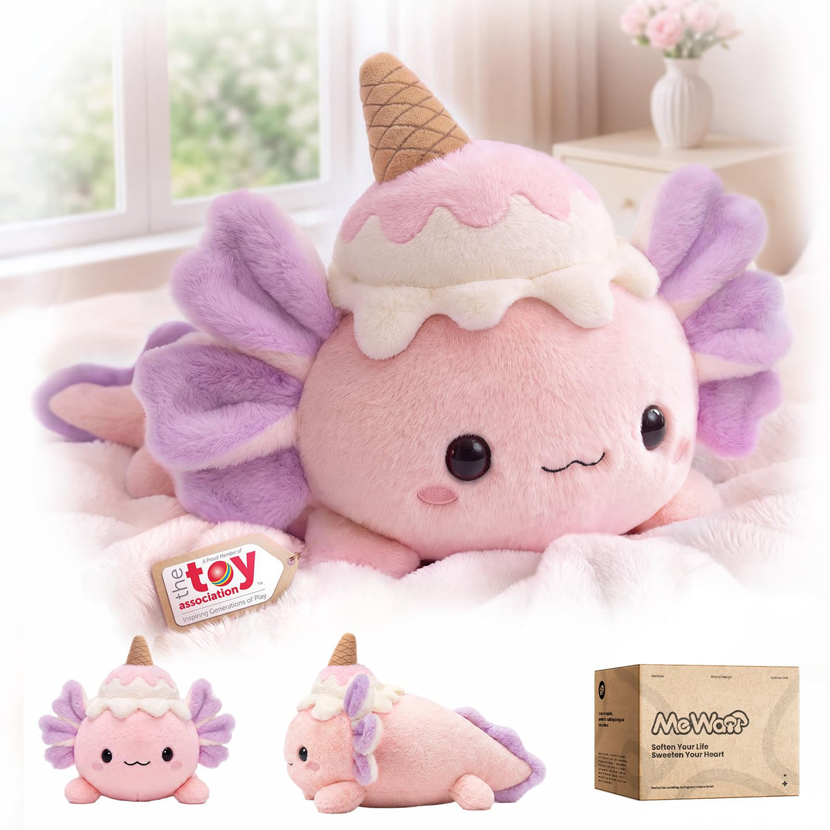 Mewaii Ice Cream Axolotl Plush Pillow, Squishy & Huggable Plushies, 13 in