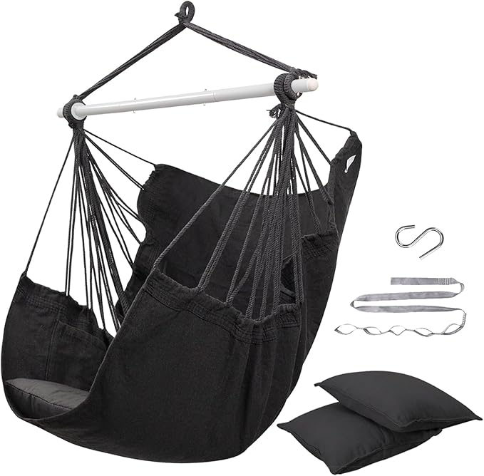 ADVOKAIR Hammock Chair Swing (500 lbs Max-2 Cushions) - Hanging Hammock Chair Rope Swing Indoor for Bedroom, Outdoor, Patio, Bedroom, Porch, Deck - Sturdy Steel Bar with Anti-Slip Safety Rings