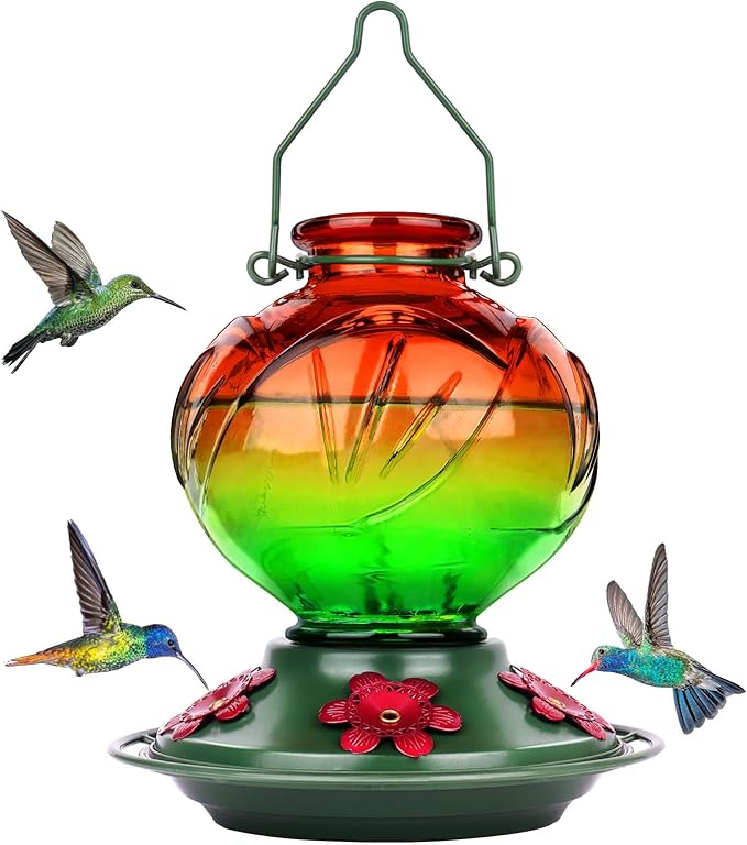 BOLITE Hummingbird Feeder, Glass Hummingbird Feeders for Outdoors Hanging, 22 Ounce, Five Feeding Ports with Perch, Peony Flower Shape, Orange and Green, Gifts for Women Men, Gifts for Mom Dad