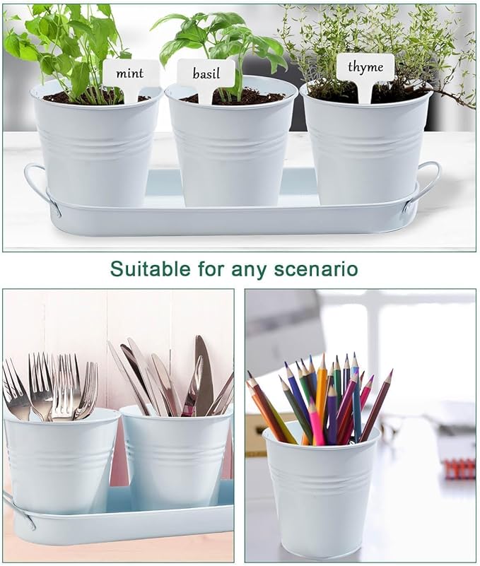 vensovo Indoor Herb Planter Set - Galvanized Windowsill Garden Pots with Tray & Drainage, Set of 3 Metal Window Planters for Kitchen & Outdoor Use, White