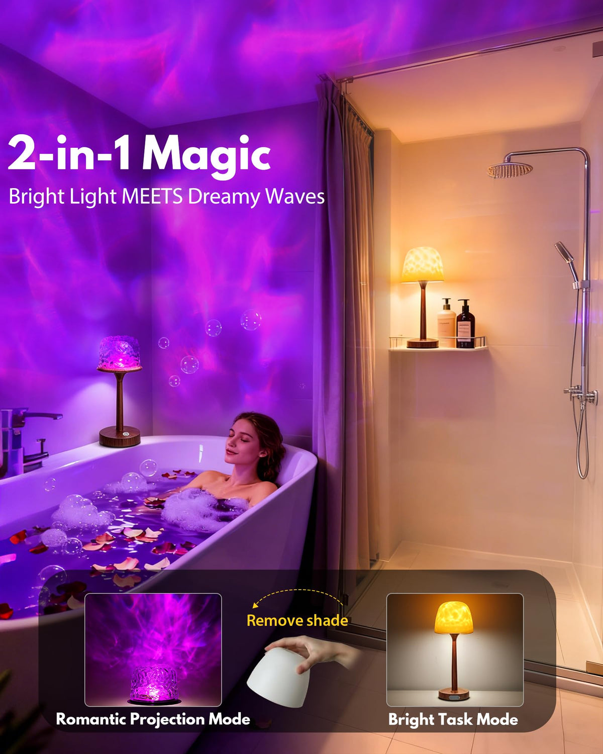 Shower Lamp - Waterproof Bathroom Lamp Ocean Wave Projector, Walnut Grain
