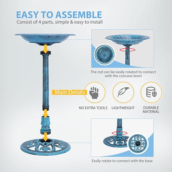 VIVOHOME 28 Inch Height Polyresin Lightweight Antique Outdoor Garden Bird Bath Blue