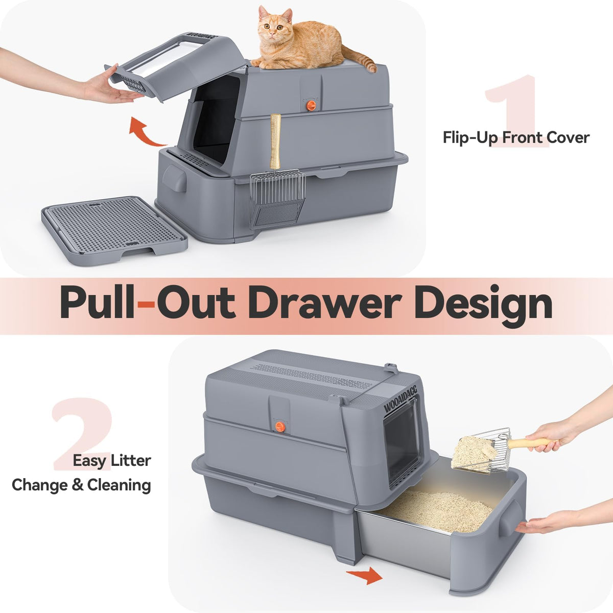 Wooaidagg Enclosed Stainless Steel Cat Litter Box with Odor Control, Modular Design with Drawer and Flip Door, Easy to Clean and Wash,Non-Stick Interior,Extra Large Size Fits All Cats(Dark Grey)