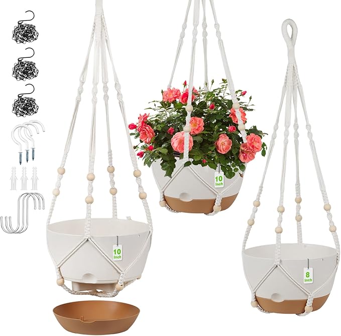 3 Pack Hanging Planters for Indoor Plants, 10 + 10 + 8 Inch Self-Watering Hanging Plant Pot, Macrame Plant Hanger with Pot, Ceiling Hooks, Removable Saucer and Drainage Holes for Garden Home - White