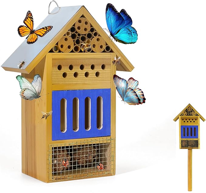 Wooden Butterfly House & Bee House for The Garden, Durable Bug Hotel W/Wooden Stake and Iron Roof, Insect Habitat On The Ground Or Hanging On The Tree, for Butterfly, Bee, Ladybug, Bug
