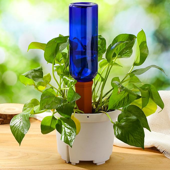 12 Pack Plant Watering Devices Include 6 Terracotta Self Watering Spikes and 6 Pcs 26 oz Plastic Bottles, Slow Release Vacation Insert Automatic Plant Waterer Device (Blue)