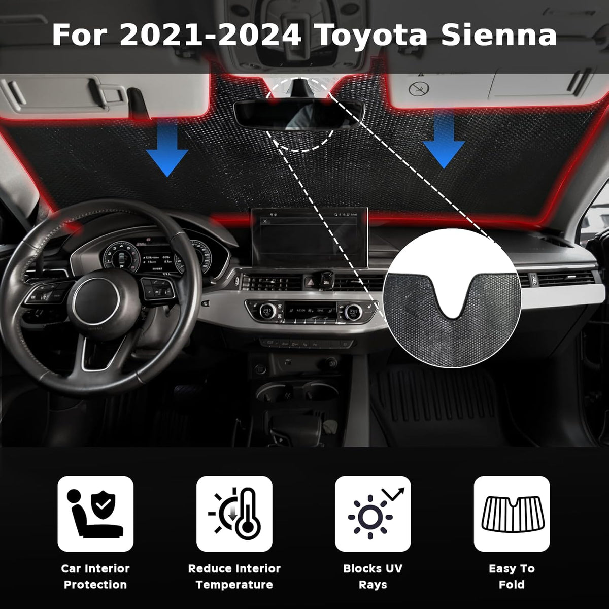 Windshield Sun Shade for 2021-2024 Toyota Sienna L LE SE XLE Limited Van Minivan - 5-Layer Bubble Foldable Front Window Shade Sun Visor Accessories - Blocks Heat & UV Rays