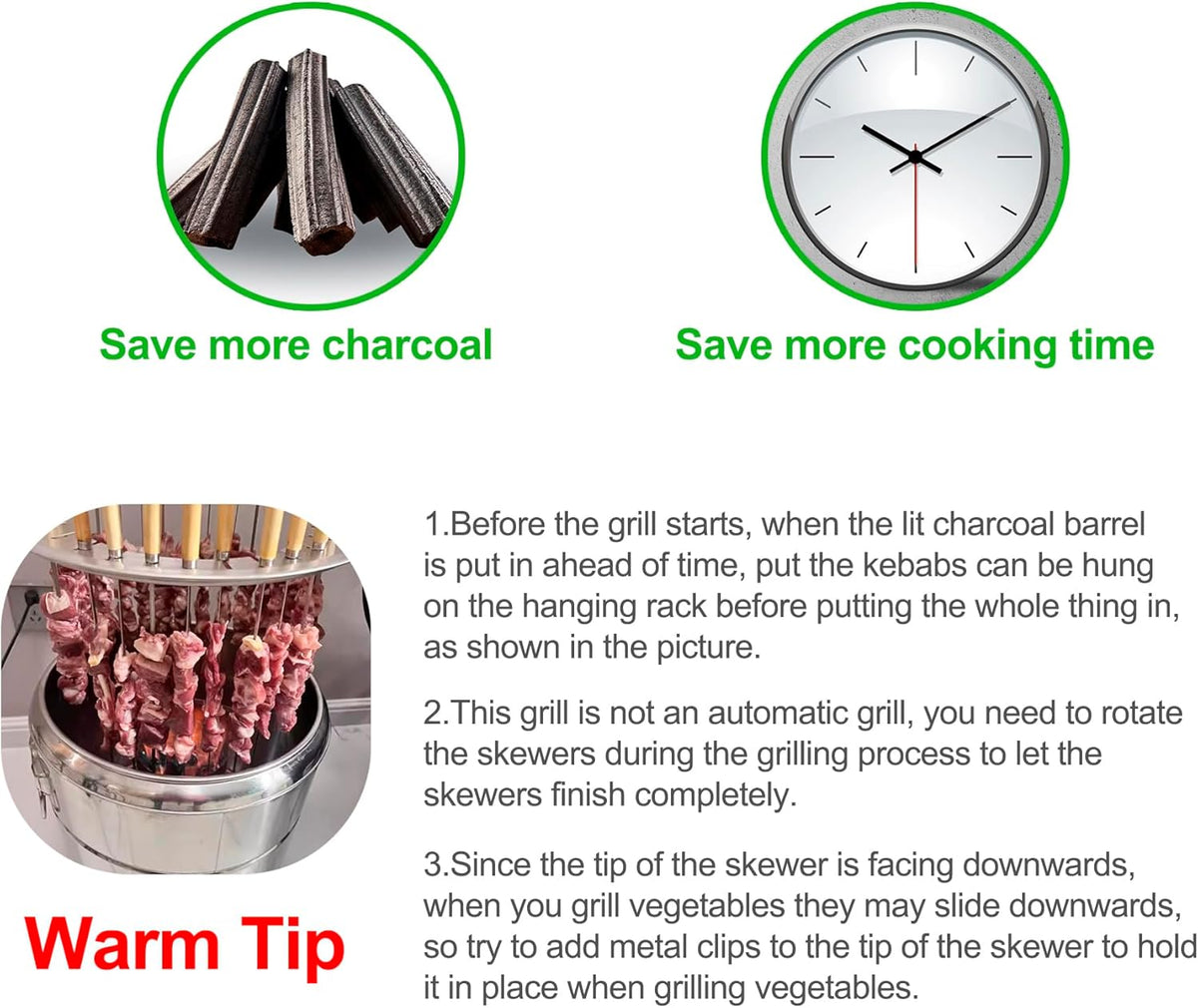 Stainless Steel Smokeless Barbecue Surround Charcoal Grill, Portable kebabs Charcoal Grill with Grilling Accessories Set, Diameter 15.4 inch/28 Kabob Skewer