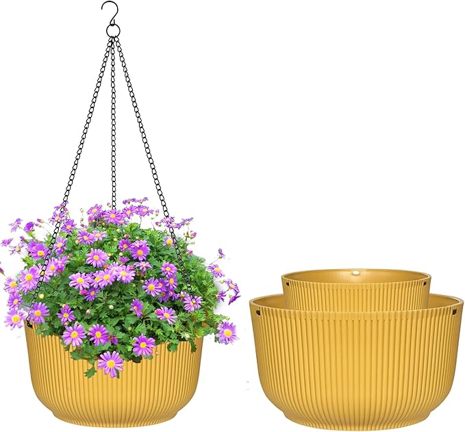 Hanging Planters for Indoor Plants, 3 Pack Hanging Baskets for Plants, Self Watering Plant Hanger for Indoor Plants, Round Hanging Plant Pot with Drainage Holes and Chains, Yellow