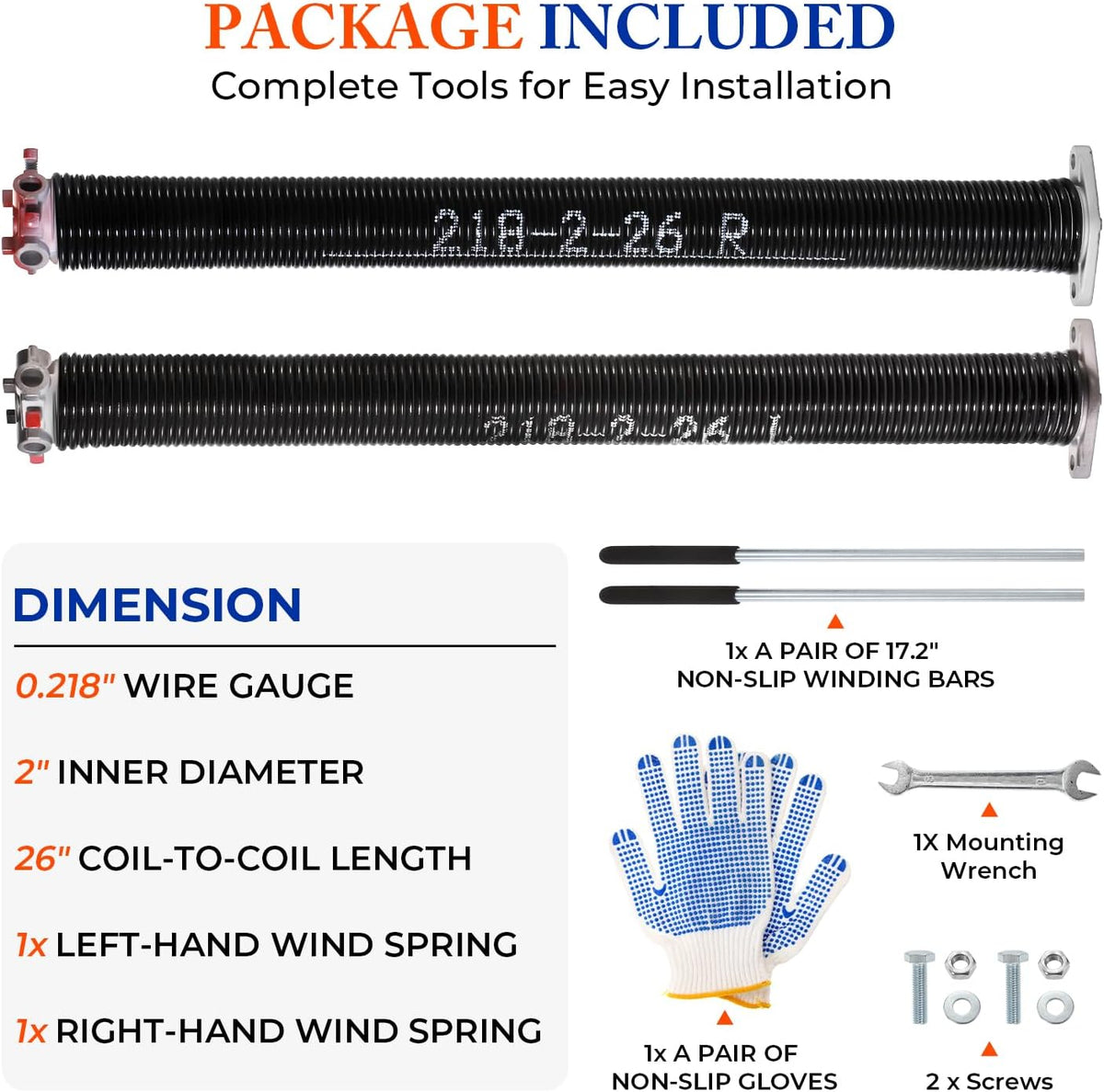 Pair of 2" Garage Door Torsion Springs (0.218" x 2" x 26") with Non-Slip Winding Bars & Gloves, Heavy-Duty Replacement, 18,000 Cycles, High Precision Electrophoresis Black Coated