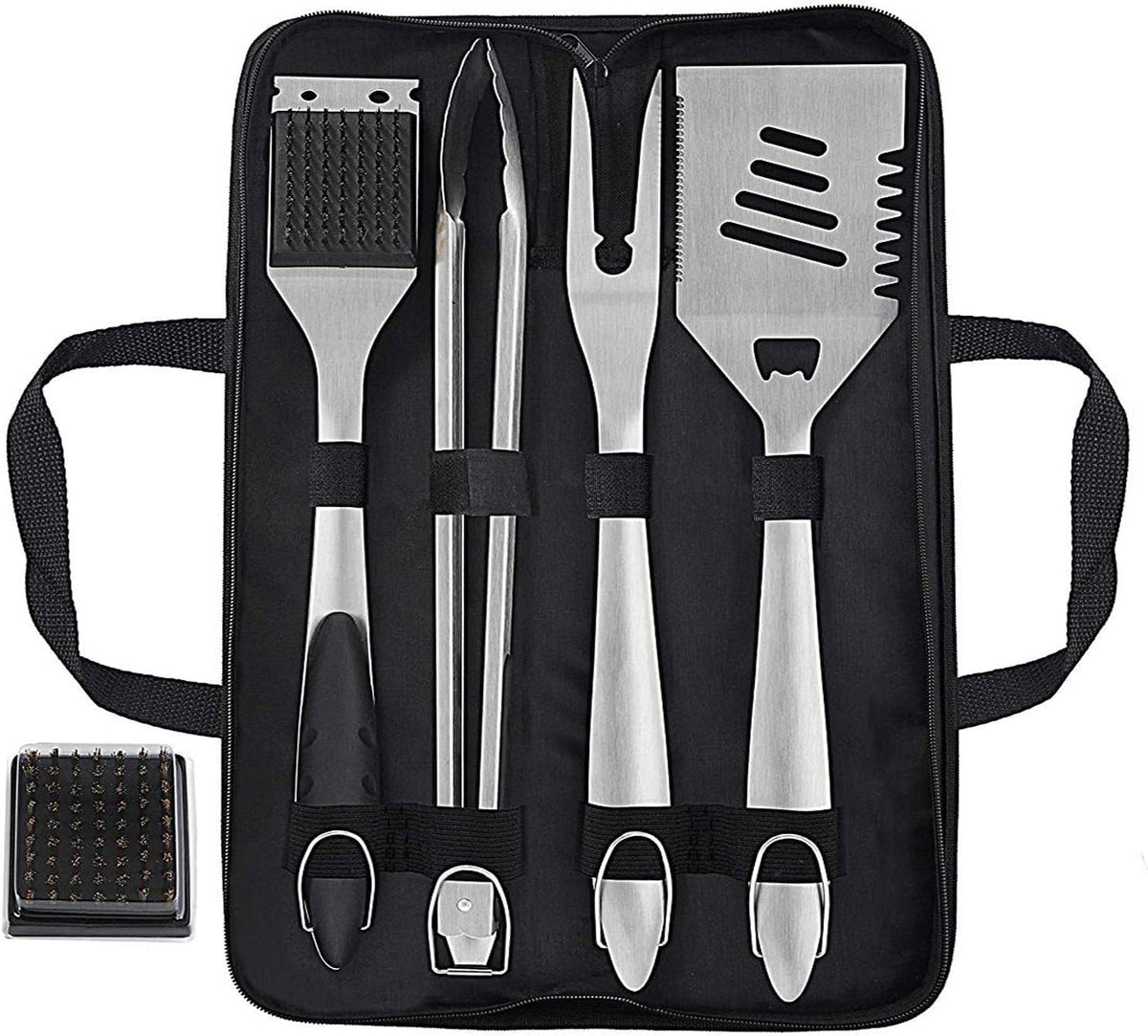 grilljoy 8PCS BBQ Grill Tools Set with Extra Thick Stainless Steel Spatula, Fork, Tongs & Cleaning Brush - Complete Barbecue Accessories Kit with Portable Bag - Perfect Grill Gifts for Men Black