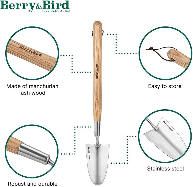 Berry&Bird Garden Trowel with Long Handle, 23.43in Stainless Steel Short Shovel with Wood Handled for Digging, Gardening, Transplanting, Planting and Weeding